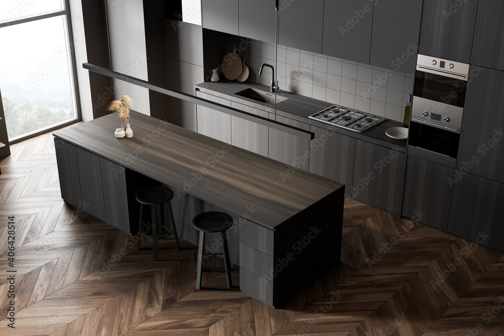 Gray and wooden kitchen corner with cupboards, top view - obrazy, fototapety, plakaty 