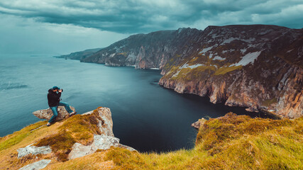 Slieve League, Irelands highest sea cliffs, located in south west Donegal along this magnificent costal driving route. One of the most popular stops at Wild Atlantic Way route, Co Donegal, Ireland.