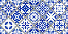 Seamless Patchwork Tile With Victorian Motives. Majolica Pottery Tile, Blue And White Azulejo, Original Traditional Portuguese And Spain Decor. Vector Illustration.