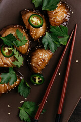 Wall Mural - Traditional asian dumplings gyoza with sauce