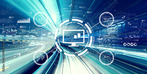 Obraz Dibond Stock trading theme with abstract high speed technology POV motion blur