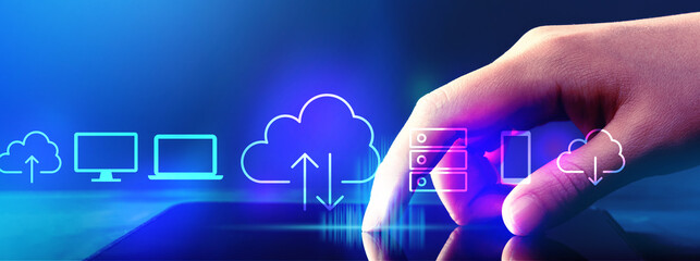 Cloud computing with hand pressing tablet computer screen