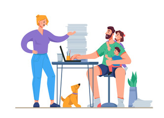 Aufkleber - Freelancer man working from distracted from work with family life, shouting wife, kids and pet. Isolated employee sitting by computer with lots of papers. Cartoon character, vector in flat style