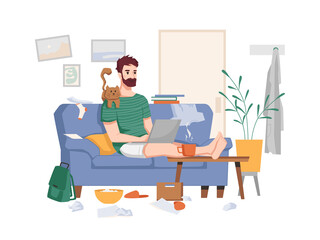 Aufkleber - Freelancer with tousled hair in shorts and a t-shirt works at laptop at home in mess. Vector man working at distant work at home, cup of coffee on table, quarantine and remote business from house