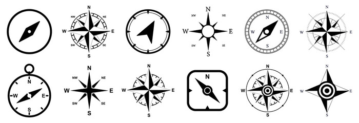 Poster - Compass set icons, navigation equipment sign, wind rose icon, compass symbol collection – vector