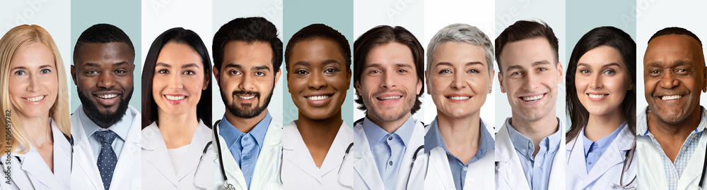Collage Of Multiethnic Doctors And Medical Workers Portraits, Gray Backgrounds - obrazy, fototapety, plakaty 