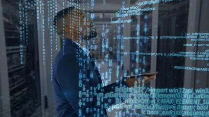 Poster - Animation of data processing over businessman using tablet in tech room with computer servers