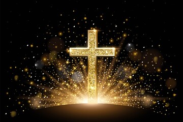 Wall Mural - gold glitter christian cross in light on black background. catholic religious symbol vector illustra
