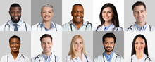 Collection Of Doctors And Nurses Headshots In Collage, Gray Backgrounds