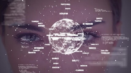 Poster - Animation of globe with network of words data processing against woman's face