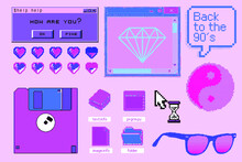 Set Of Clipart Elements With Retro Obsolete Things: Floppy Disk, User Interface Icons, Etc. Trendy Modern Fashion Patch Or Sticker Set In Pixel Art Style Like In Old Arcade Video Games Of The 80s.