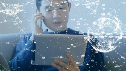 Poster - Animation of network of connections with globe over man using smartphone and digital tablet