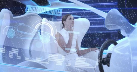 Poster - digital composition of digital interface against woman driving futuristic across the city