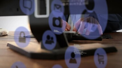 Poster - Animation of digital social media icons over midsection of man using computer