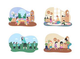 Poster - Kindergarten lessons 2D vector web banner, poster set. Preschool teachers and pupils flat characters on cartoon background. Elementary class printable patch, colorful web element collection