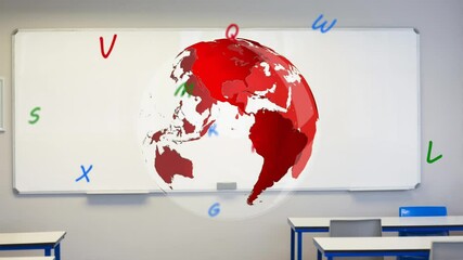 Poster - Digital composition of alphabets floating over spinning globe against empty classroom