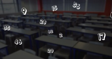 Poster - Digital composition of multiple mathematical numbers moving against empty classroom in bakground