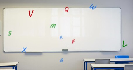 Poster - digital composition of multiple colorful alphabets floating against white board in empty classroom