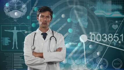 Poster - Digital compote video of portrait of male caucasian doctor against medical digital interface in back