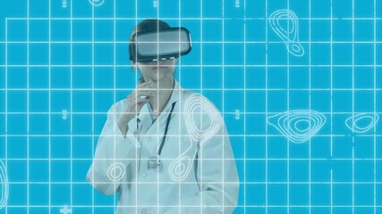 Sticker - Animation of female doctor wearing virtual reality headset against grid with map lines