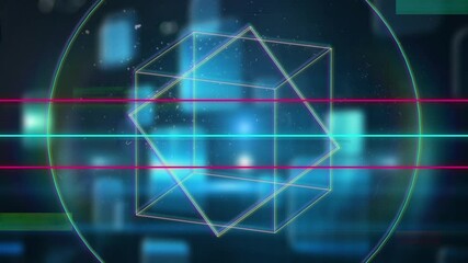 Poster - Animation of glowing lines over geometric figures and spotlights on blue out of focus squares