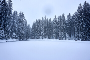 an icy mountain lake in a beautiful winter landscape