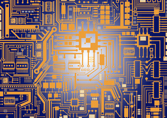 Poster - Blue-yellow background of printed circuit Board. Schematic printed circuit Board with a spot of light in the center. Radio-electronic concept. Manufacturing of radio-electronic components.