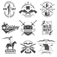 Set Of Knight Historical And Cowboy Club Design Vector Concept For Shirt, Print, Stamp, Overlay Or Template. Vintage Typography Design With Knight, Knight On A Horse, Swords, Axe, Castle Silhouette