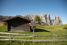 Cabin And Sign In The Mountains In The Dolomites, Italy