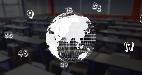 Poster - Digital composition of numbers floating over spinning globe against empty classroom