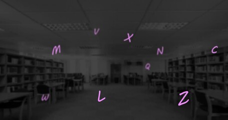 Poster - Digital composition of multiple alphabets and numbers floating against empty classroom in background