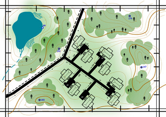 Cartography and geodesy. Map concept. Making maps of the area. Map of the area with symbols. Conventional signs in geographical atlases.