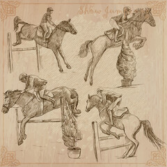 Canvas Print - Horses - show jumping. Collection, pack of freehand vector sketches. Line art.