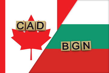 Canada and Bulgaria currencies codes on national flags background