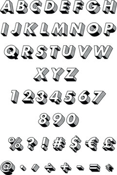 Dotted 3D Alphabet, Numbers, Punctuation Marks, Money Symbols with Halftone Effect. Vector Design Element. Global Colors Used. 