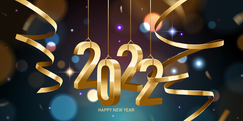 Happy New Year 2022. Hanging golden 3D numbers with ribbons and confetti on a defocused colorful, bokeh background.