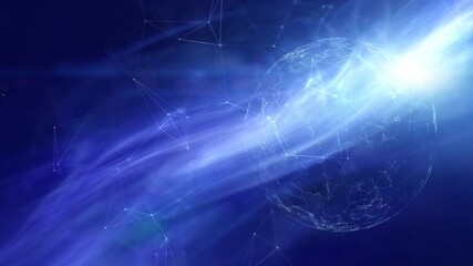 Wall Mural - Futuristic 3d sphere rotation on artificial intelligence network in the universe.  Nebula, cosmos, stars and light streaks animation background.