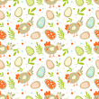 Easter seamless pattern with cookie eggs, hen, flowers