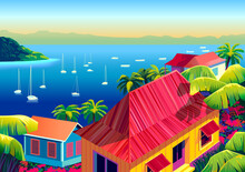 Tropical Island Landscape With Traditional Houses, Palm Trees, Yachts, Flowers, Islands And The Sea In The Background. Handmade Drawing Vector Illustration. Retro Style Poster.