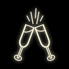 Wall Mural - Neon drink in two glasses. Bright toast sign. Cocktails, binge, champagne, wine, theme. Light glowing alcohol symbol