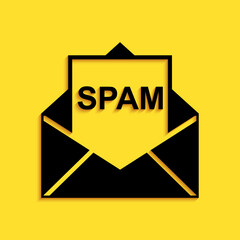 Poster - black envelope with spam icon isolated on yellow background. concept of virus, piracy, hacking and s