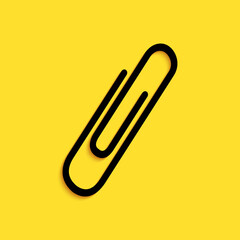 Wall Mural - Black Paper clip icon isolated on yellow background. Long shadow style. Vector.