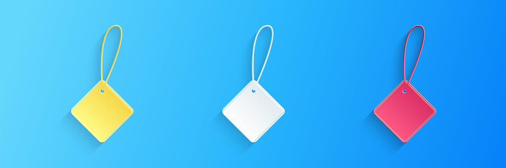 Poster - paper cut blank label template price tag icon isolated on blue background. empty shopping discounts 