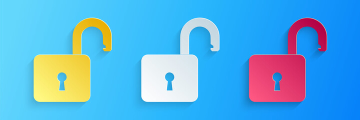 Poster - Paper cut Open padlock icon isolated on blue background. Opened lock sign. Cyber security concept. Digital data protection. Safety safety. Paper art style. Vector.