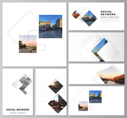 Poster - Vector layouts of modern social network mockups in popular formats with geometric simple shapes, lines and photo place for cover design, website design, website backgrounds or advertising mockups.