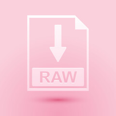 Fototapete - Paper cut RAW file document icon. Download RAW button icon isolated on pink background. Paper art style. Vector.