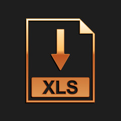 Fototapete - Gold XLS file document icon. Download XLS button icon isolated on black background. Long shadow style. Vector.