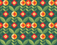 Flowers And Leaves Nature Background. Abstract Geometric Seamless Pattern. Decorative Ornament In Retro Vintage Design Flat Style. Floral Backdrop. Vector Illustration. 