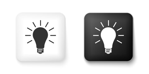 Poster - Black and white Light bulb with rays shine icon isolated on white background. Energy and idea symbol. Lamp electric. Square button. Vector.