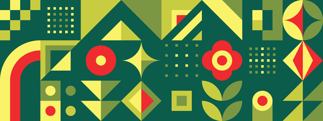 Abstract geometric background design. Graphic pattern in green color. Environmental ecology nature horizontal poster. Presentation layout. Summer garden vegetables. Vector illustration. 